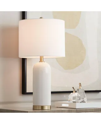 26" High Mid Century Modern Coastal Luxury Table Lamp White Gold Ceramic Metal Single Fabric Shade Living Room Bedroom Bedside Nightstand House Office