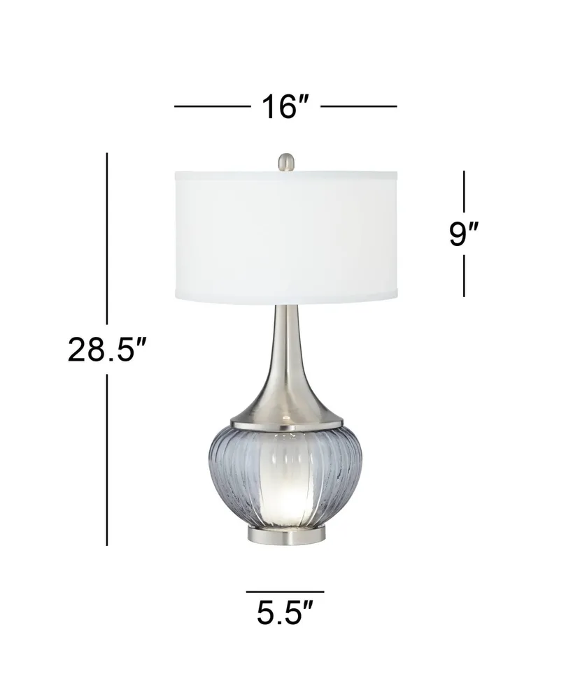 Courtney Chic Table Lamp with Nightlight 28.5" Tall Fluted Smoked Ribbed Glass Brushed Nickel White Linen Hardback Drum Shade for Living Room Bedroom
