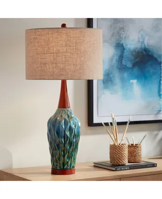 Rocco Mid Century Modern Table Lamp 30" Tall Ceramic Blue Teal Glaze Wood Handmade Linen Drum Shade Decor for Living Room Bedroom House Bedside Home E