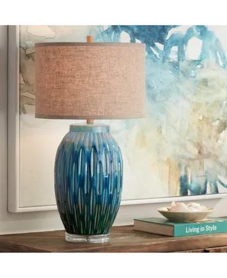 Selena Modern Table Lamp 28 1/2" Tall Green Blue Glaze Ceramic Grooved Lines Pattern Oatmeal Fabric Drum Shade for Living Room Bedroom House Bedside N