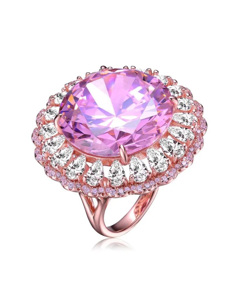 Sterling Silver 18K Rose Gold Plated with Purple Round Cubic Zirconia and Petals of Flower Ring