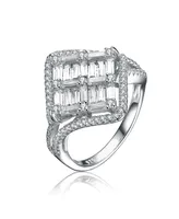 Sterling Silver White Gold Plated Square & Clear Cubic Zirconia Fashionista Ring