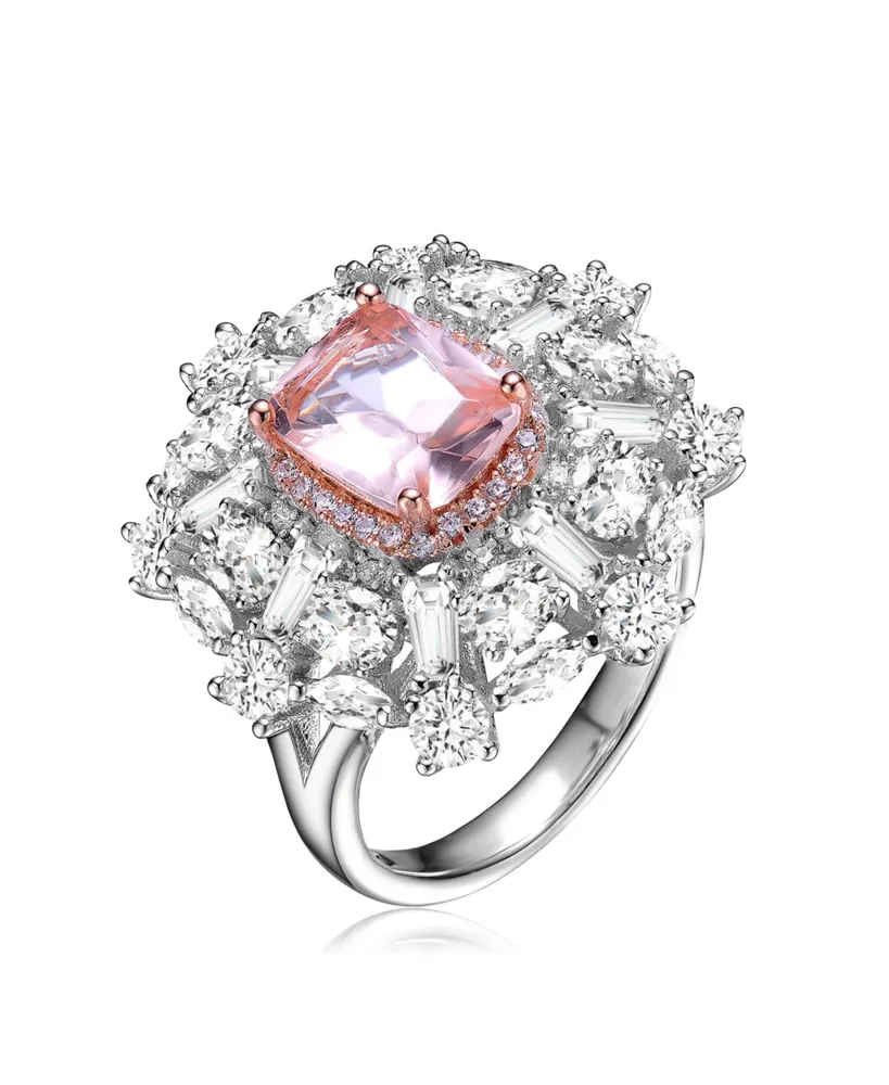 Sterling Silver White Gold Plated with Square Morganite and Cubic Zirconia's Petals Flower Ring