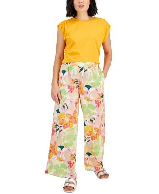 Bar Iii Petite Ruched Shoulder Knit Top Floral Wide Leg Pull On Pants Created For Macys