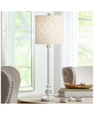 Samantha Table Lamp 32" Tall Clear Crystal Column Metal Light Gray Fabric Cutout Pattern Drum Shade Decor for Living Room Bedroom House Bedside Nights