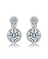 White Gold Plated with Cubic Zirconia Two-Stone Milgrain Dangle Drop Earrings