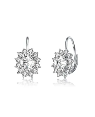 White Gold Plated with Cubic Zirconia Hibiscus Flower Cluster Drop Earrings with Lever back