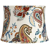 White with Paisley Print Medium Drum Lamp Shade 14" Top x 16" Bottom x 11.5" High (Spider) Replacement with Harp and Finial - Springcrest