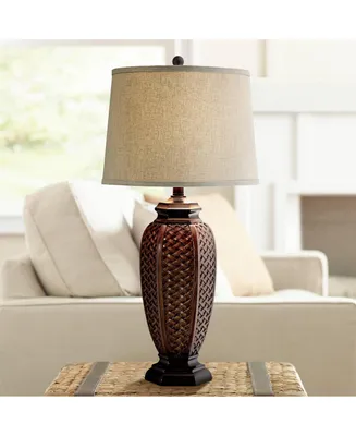 Country Cottage Tropical Style Table Lamp 29" Tall Brown Woven Wicker Pattern Beige Linen Drum Shade Decor for Living Room Bedroom House Home Dining O