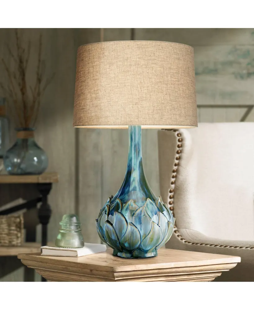 Kenya Modern Table Lamp 29 1/2" Tall Blue Green Reactive Glaze Ceramic Beige Linen Tapered Drum Shade for Bedroom Living Room House Home Bedside Night