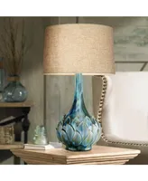 Kenya Modern Table Lamp 29 1/2" Tall Blue Green Reactive Glaze Ceramic Beige Linen Tapered Drum Shade for Bedroom Living Room House Home Bedside Night