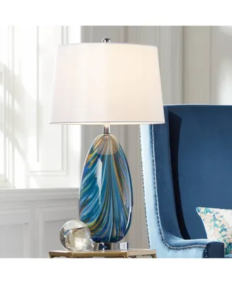 Pablo Modern Table Lamp 27" Tall Swirling Multi Color Blue Hand Blown Art Glass Metal White Tapered Drum Shade Decor for Living Room Bedroom House Bed