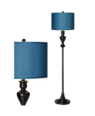 Modern Style Standing Floor Lamp 58" Tall Black Bronze Soft Gold Edging Metal Textured Blue Faux Silk Drum Shade Decor for Living Room Reading House B