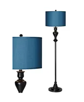 Modern Style Standing Floor Lamp 58" Tall Black Bronze Soft Gold Edging Metal Textured Blue Faux Silk Drum Shade Decor for Living Room Reading House B