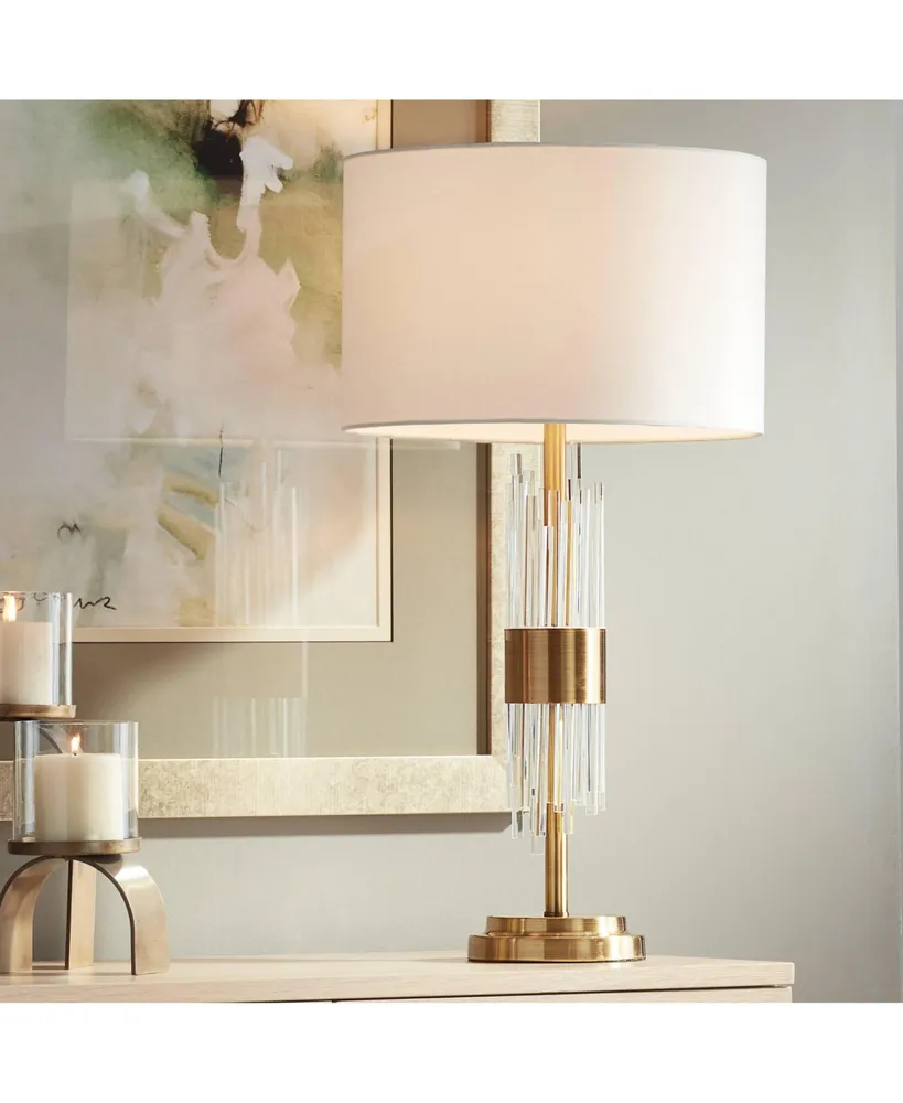 Aloise Mid Century Modern Glam Luxury Table Lamp 27.5" Tall Brass Metal Clear Glass Tube White Drum Shade Decor for Living Room Bedroom House Bedside