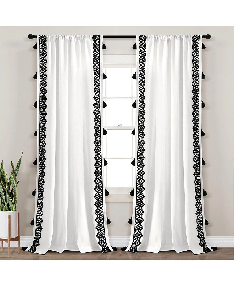 Aztec Diamond Border Tassel Window Curtain Panels Off White/Black Single 52X84