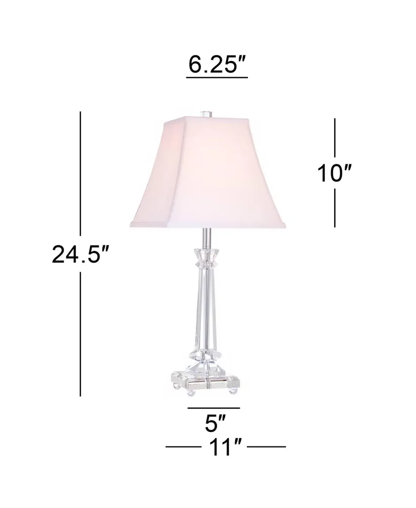 Traditional Glam Luxury Table Lamp 25" High Clear Slim Profile Crystal Glass Tapered Column White Square Bell Shade for Living Room Bedroom House Beds