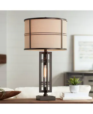 Elias Mid Century Modern Industrial Table Lamp with Nightlight 28" Tall Oil Rubbed Bronze Off White Oatmeal Drum Shade for Living Room Bedroom House B