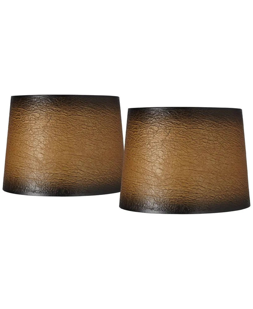 Set of 2 Tapered Drum Lamp Shades Distressed Crackle Brown Medium 13" Top x 15" Bottom x 10" Slant Spider with Replacement Harp and Finial Fitting