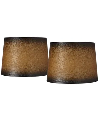 Set of 2 Tapered Drum Lamp Shades Distressed Crackle Brown Medium 13" Top x 15" Bottom x 10" Slant Spider with Replacement Harp and Finial Fitting