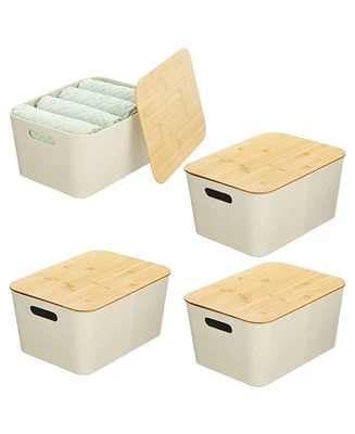 mDesign Modern Stackable Fabric Covered Bin with Bamboo Lid, 4 Pack, Cream/Beige