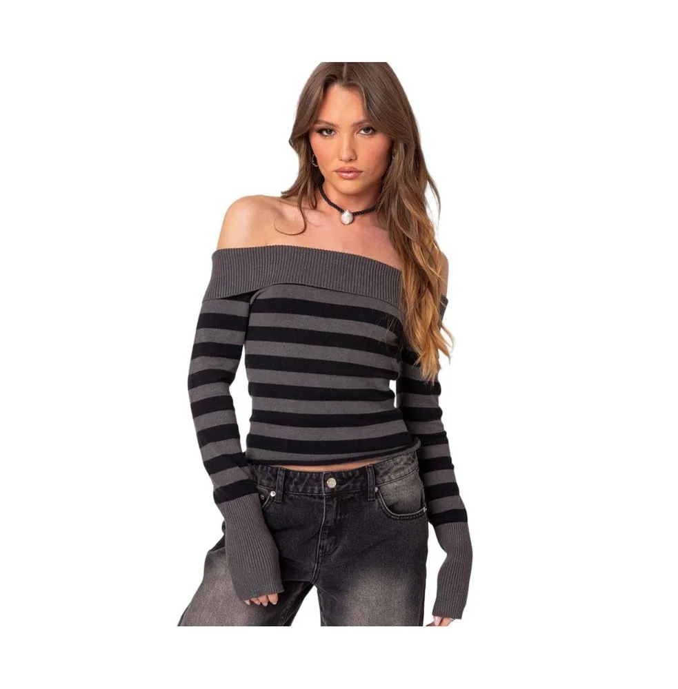 Women's Melody fold over striped sweater - Black-and