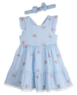 Rare Editions Baby Girls Seersucker Dress with Matching Headband and Diaper Cover, 2 Piece Set