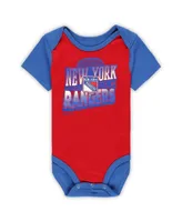 Baby Boys and Girls Mitchell & Ness Red, Blue New York Rangers Big Score 3-Pack Bodysuit, Bib and Bootie Set