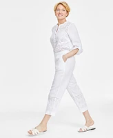 Charter Club Women's 100% Linen Cropped Eyelet Pull-On Pants, Created for Macy's