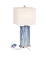 Connie Modern Table Lamps 25" Tall Set of 2 with Usb Charging Ports Blue Faux Marble White Rectangular Shade for Bedroom Living Room House Desk Bedsid