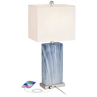 Connie Modern Table Lamps 25" Tall Set of 2 with Usb Charging Ports Blue Faux Marble White Rectangular Shade for Bedroom Living Room House Desk Bedsid