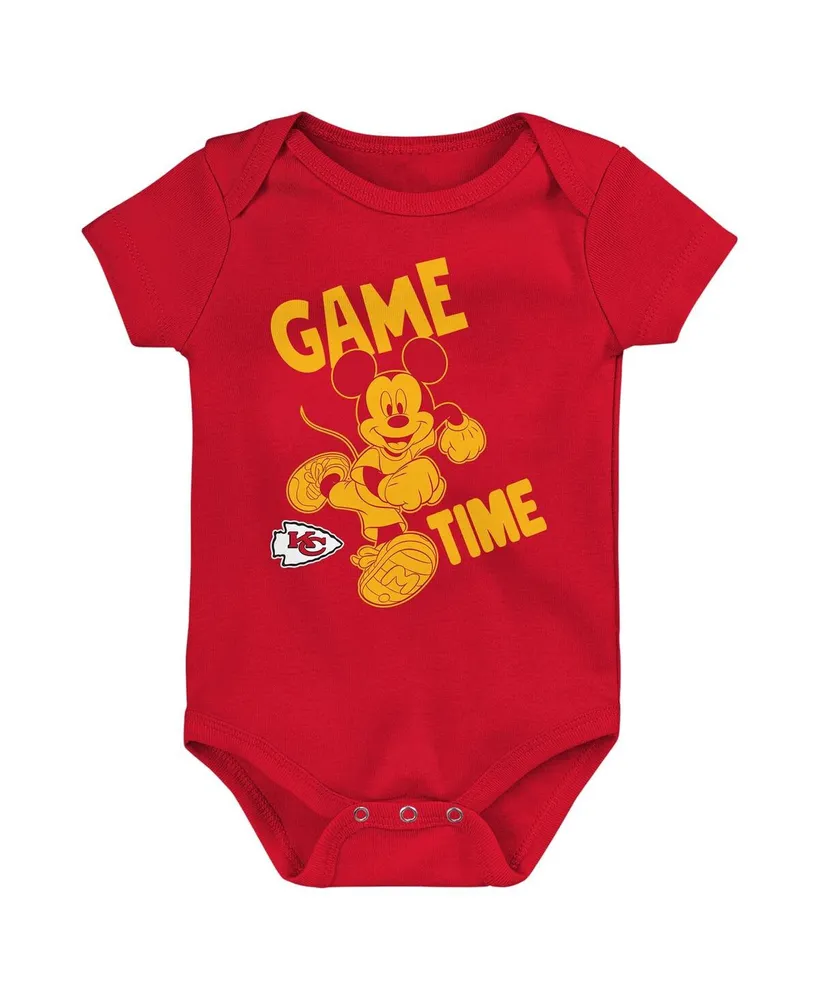 Baby Boys and Girls Red, Gold, Gray Kansas City Chiefs Three-Piece Disney Game Time Bodysuit Set