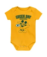 Baby Boys and Girls Green, Gold, Gray Green Bay Packers Three-Piece Disney Game Time Bodysuit Set