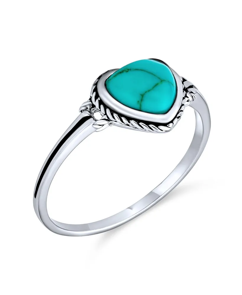 Bling Jewelry Blue Stabilized Turquoise Bezel Heart Ring For Women Teen Girlfriend .925 Sterling Silver December Birthstone