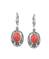 Bling Jewelry Pink Oval Flower Leaf Carved Synthetic Coral Dangle Lever back Earrings For Women Oxidized Sterling Silver