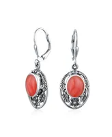 Bling Jewelry Pink Oval Flower Leaf Carved Synthetic Coral Dangle Lever back Earrings For Women Oxidized Sterling Silver