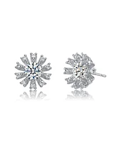 Sterling Silver White Gold Plated Round and Baguette Cubic Zirconia Flower Stud Earrings