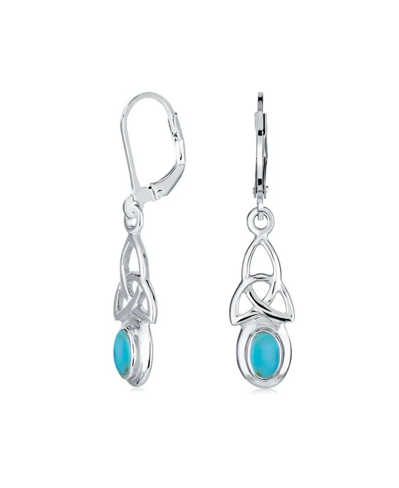 Irish Love Knot Oval Bezel Set Semi Precious Gemstone Stabilized Turquoise Dangle Celtic Knot Earrings For Women Teens .925 Sterling Silver Lever Back