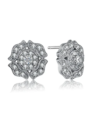 Classic Sterling Silver White Gold Plated with Cubic Zirconia Round Earrings