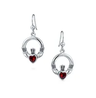 Bling Jewelry Friendship Bff Red Cz Heart Circle Irish Love Symbol Celtic Claddagh Dangle Earrings Oxidized Sterling Silver Fish Hook