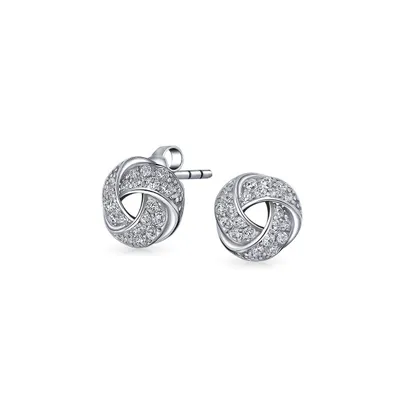 Love Knot Work Stud Earrings For Women Pave Cz Button Style Pierced Ears .925 Sterling Silver