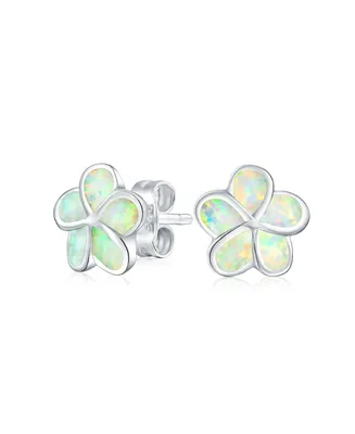 White Plumeria Flower Created Opal Stud Earrings For Women .925 Sterling Silver 10MM October Birthstone