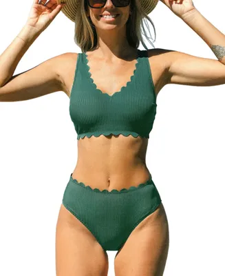 Women's Scallop Trim Back Lace Up Bikini Sets