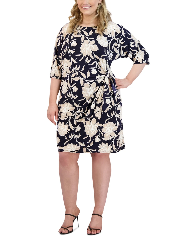 Robbie Bee Plus Size Floral Print Tied A-Line Dress