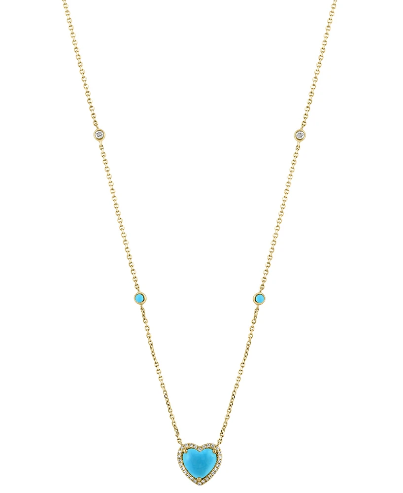 Effy Turquoise & Diamond (1/6 ct. t.w.) Heart Halo Pendant Necklace in 14k Gold, 16" + 2" extender