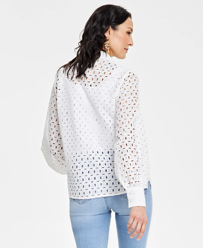 I.n.c. International Concepts Women's Cotton Tie-Neck Eyelet Blouse, Created for Macy's