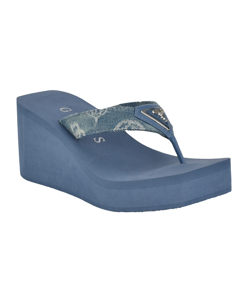 Guess Women's Demmey Logo Thong Square Toe Wedge Sandals - Dark