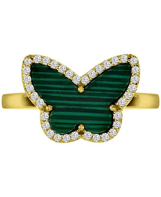 Malachite & Cubic Zirconia Butterfly Halo Ring 14k Gold-Plated Sterling Silver