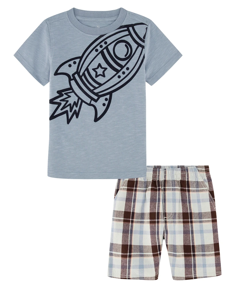 Kids Headquarters Baby Boys Short Sleeve T-shirt and Prewashed Plaid Shorts Set