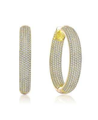 Sterling Silver with Cubic Zirconia 10-Row French Pave Inside Out Large Tubular Hoop Earrings
